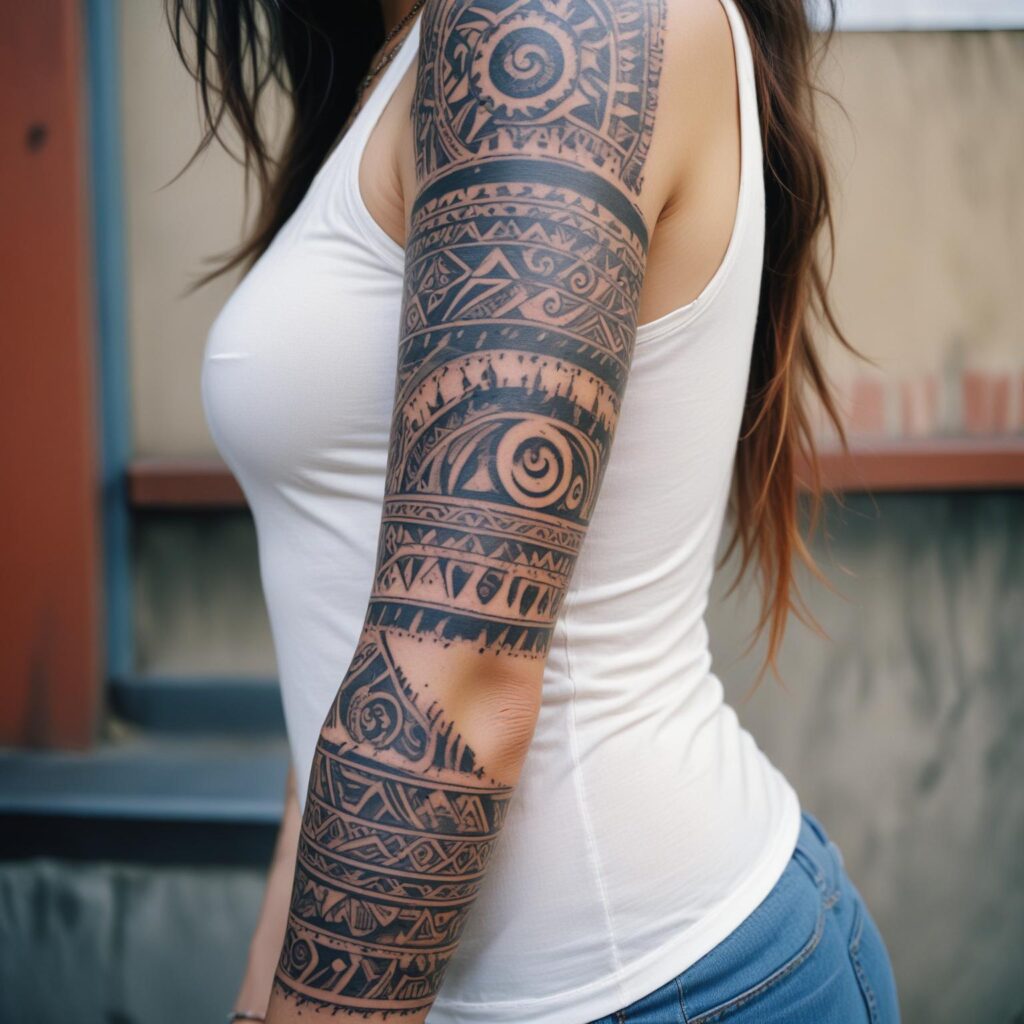 Uma tatuagem tribal no braço feminina que simboliza força, empoderamento e conexão com a ancestralidade. 