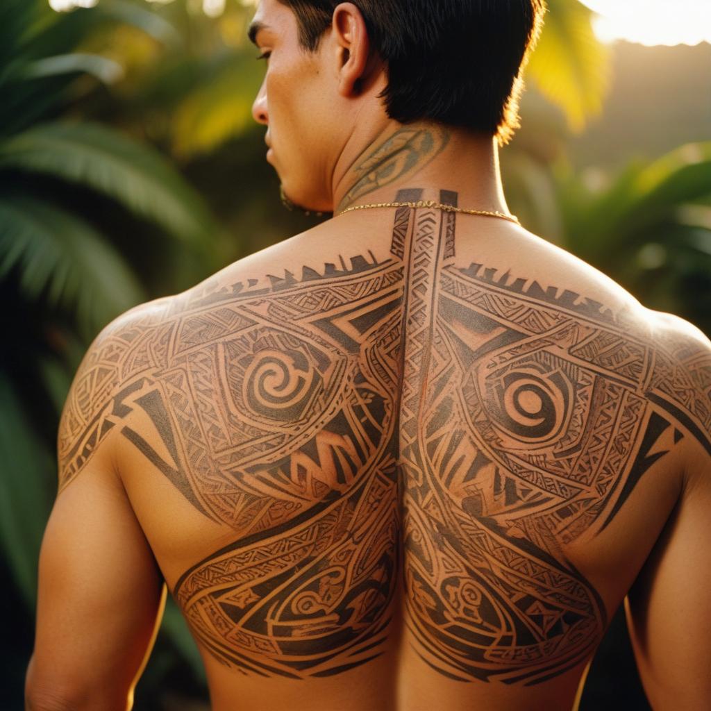 Uma tatuagem tribal nas costas que simboliza força, tradição e conexão com as raízes ancestrais.