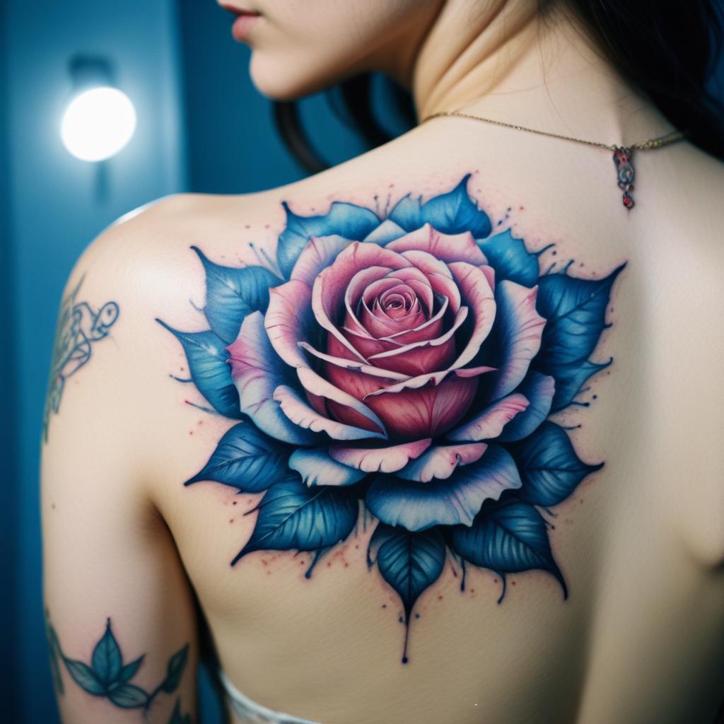 Uma tatuagem de rosa em aquarela nas costas que simboliza beleza, paixão e delicadeza