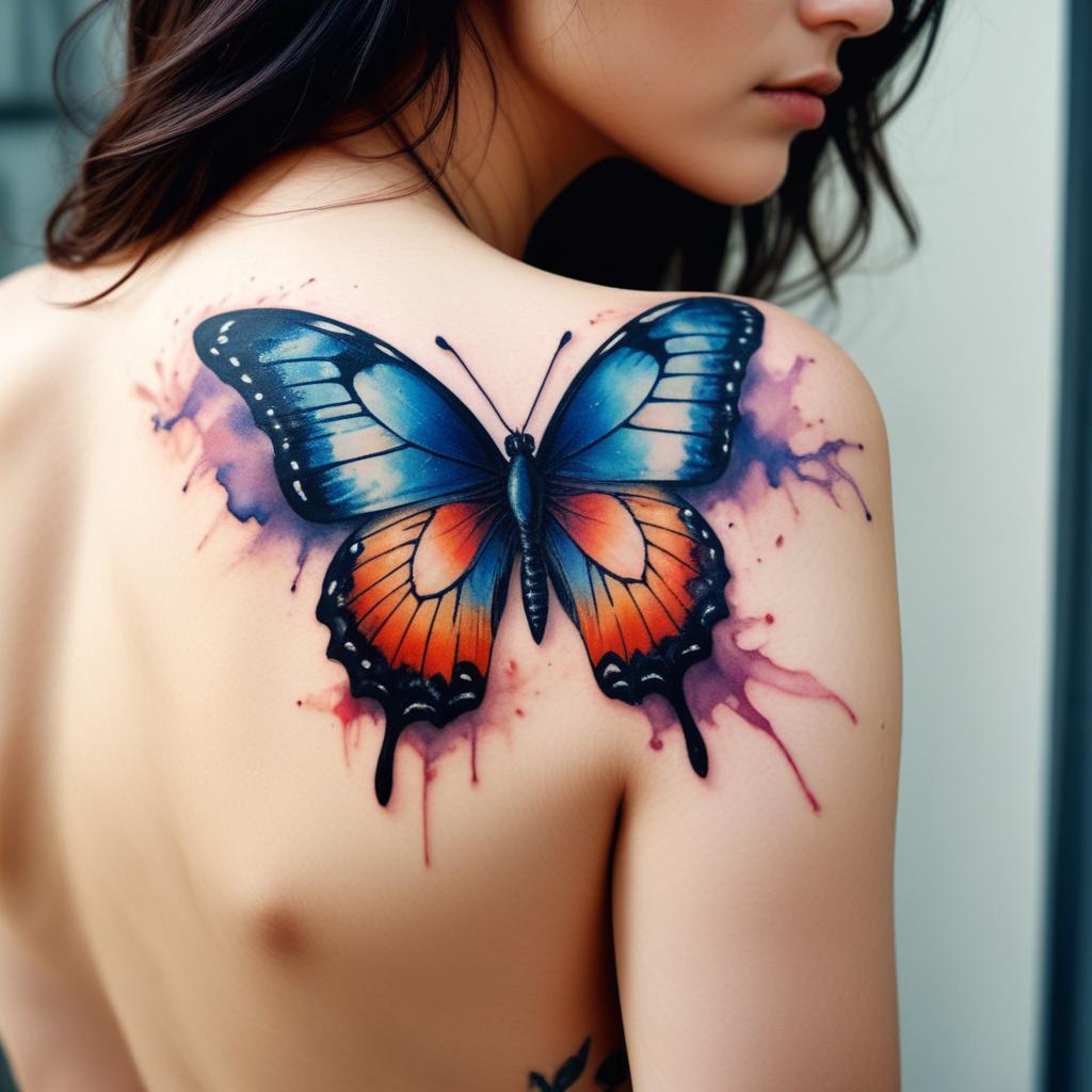 Uma tatuagem de borboleta em aquarela no ombro feminina que simboliza transformação e liberdade