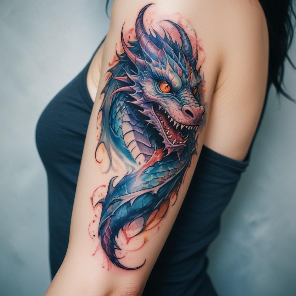 Tatuagem de Dragão em Aquarela no Braço Feminina