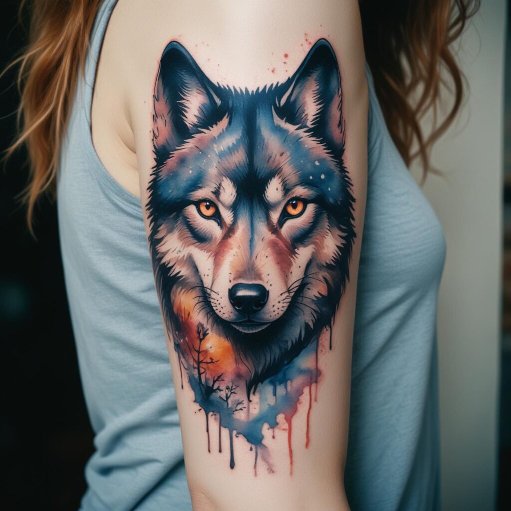 Uma tatuagem feminina de lobo em aquarela no braço que simboliza liberdade, força e conexão com a natureza