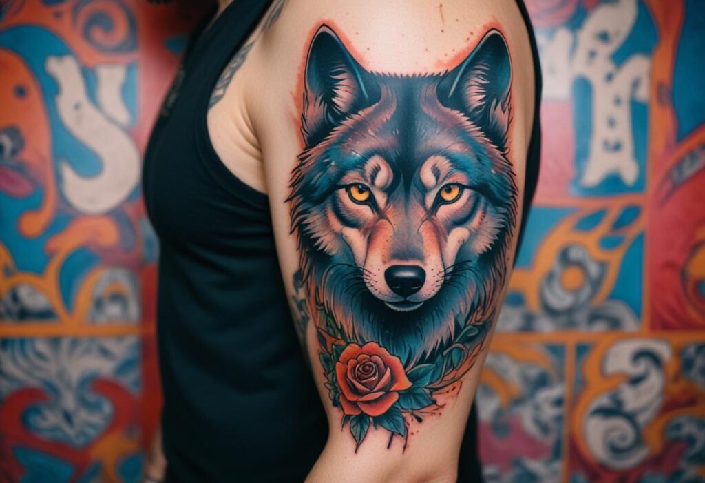 Uma tatuagem de lobo vibrante no braço que simboliza força, liberdade e conexão com a natureza.