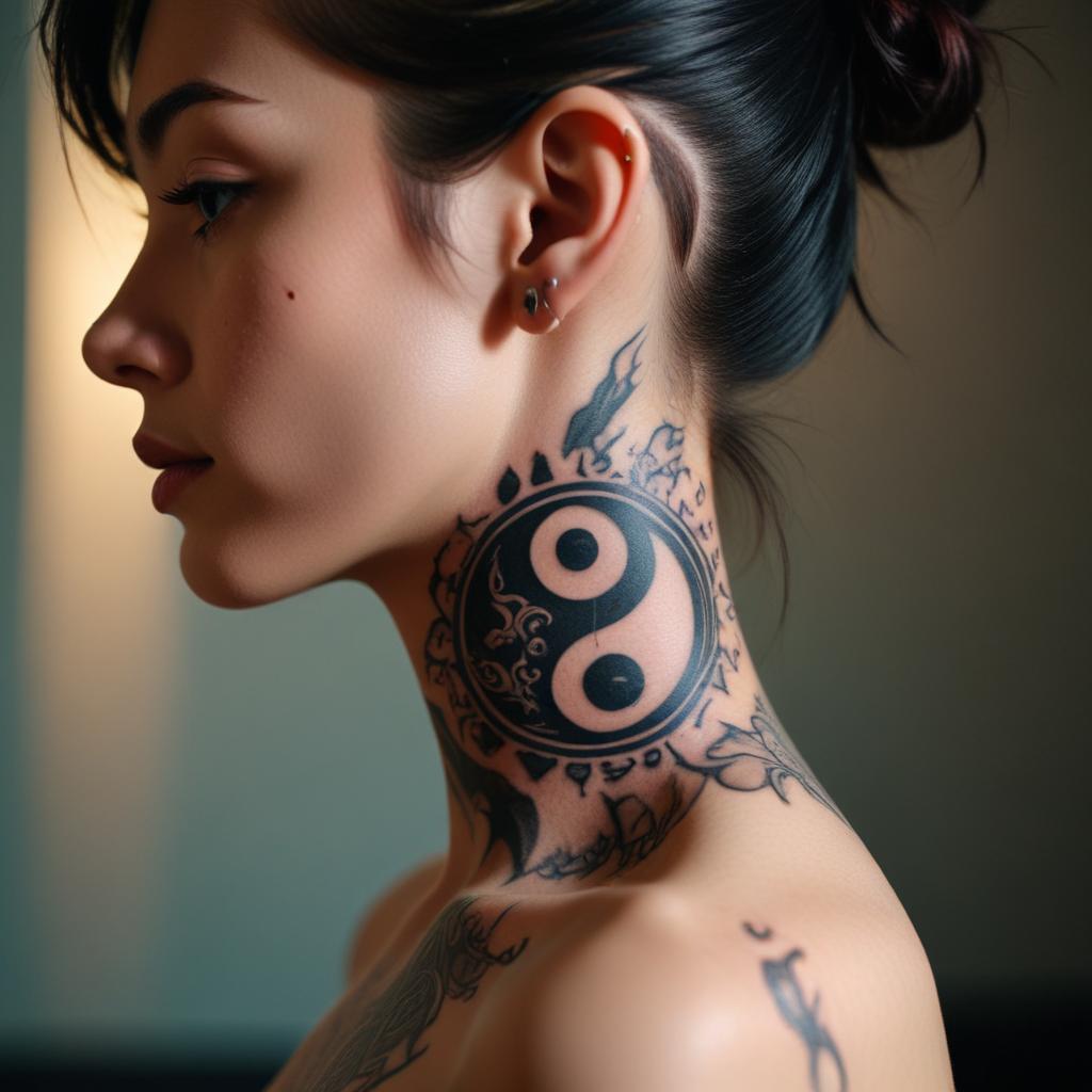 Uma tatuagem no pescoço de yin yang que simboliza o equilíbrio entre forças opostas, como luz e escuridão