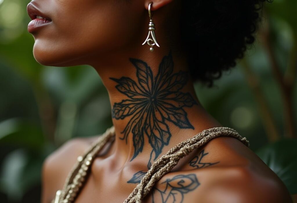 tatuagem tribal feminina amazônica no pescoço