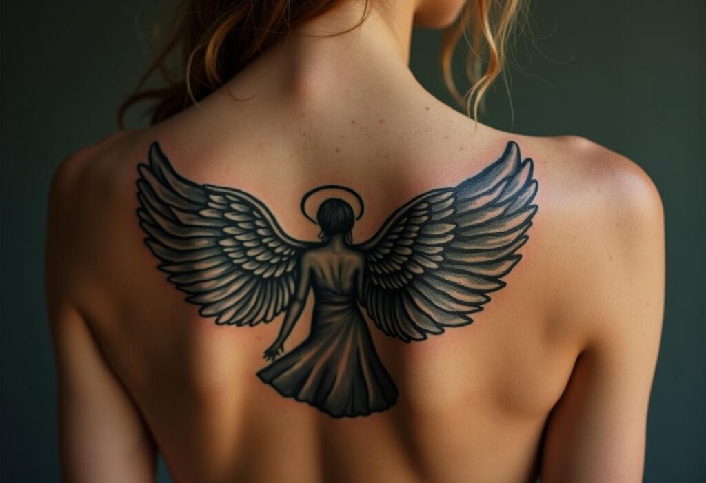 tatuagem de anjo nas costas feminina