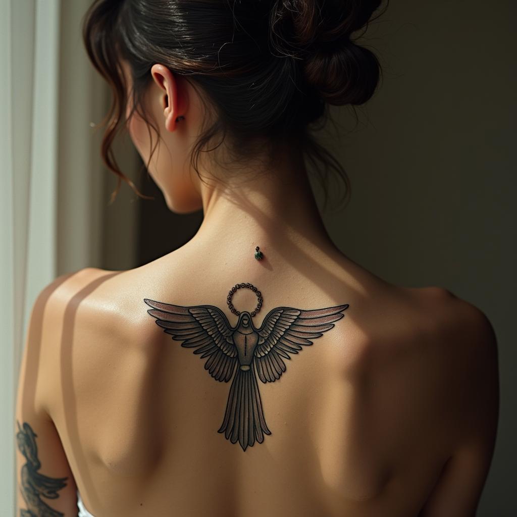 Uma tatuagem de anjo da guarda nas costas feminina que simboliza proteção, fé e espiritualidade. 