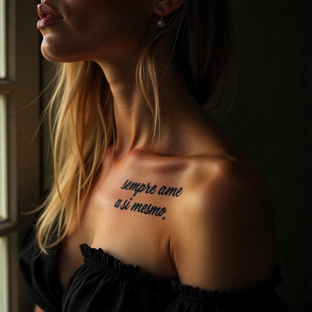 Uma tatuagem inspiracional no peito com a frase "sempre ame a si mesmo", simbolizando autoestima e autovalorização.