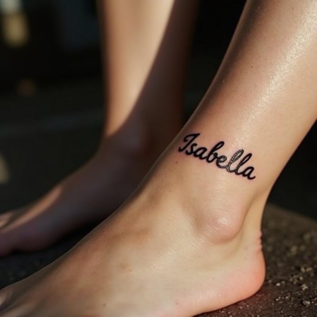 Uma tatuagem minimalista de letras no pé com o nome "Isabella", simbolizando elegância e delicadeza