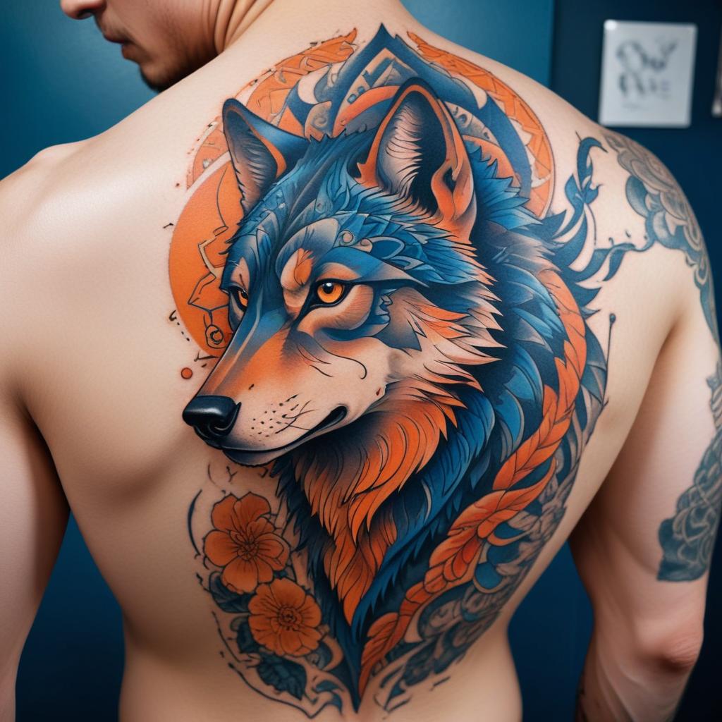 Tatuagem de Lobo Colorida nas Costas Masculina