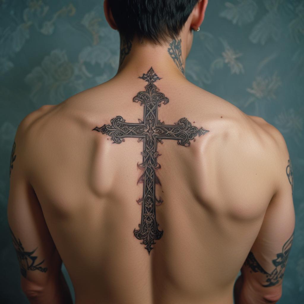 Uma tatuagem de rosário nas costas masculina
