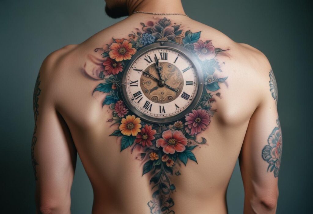 Tatuagem Floral de Bússola nas Costas Masculina