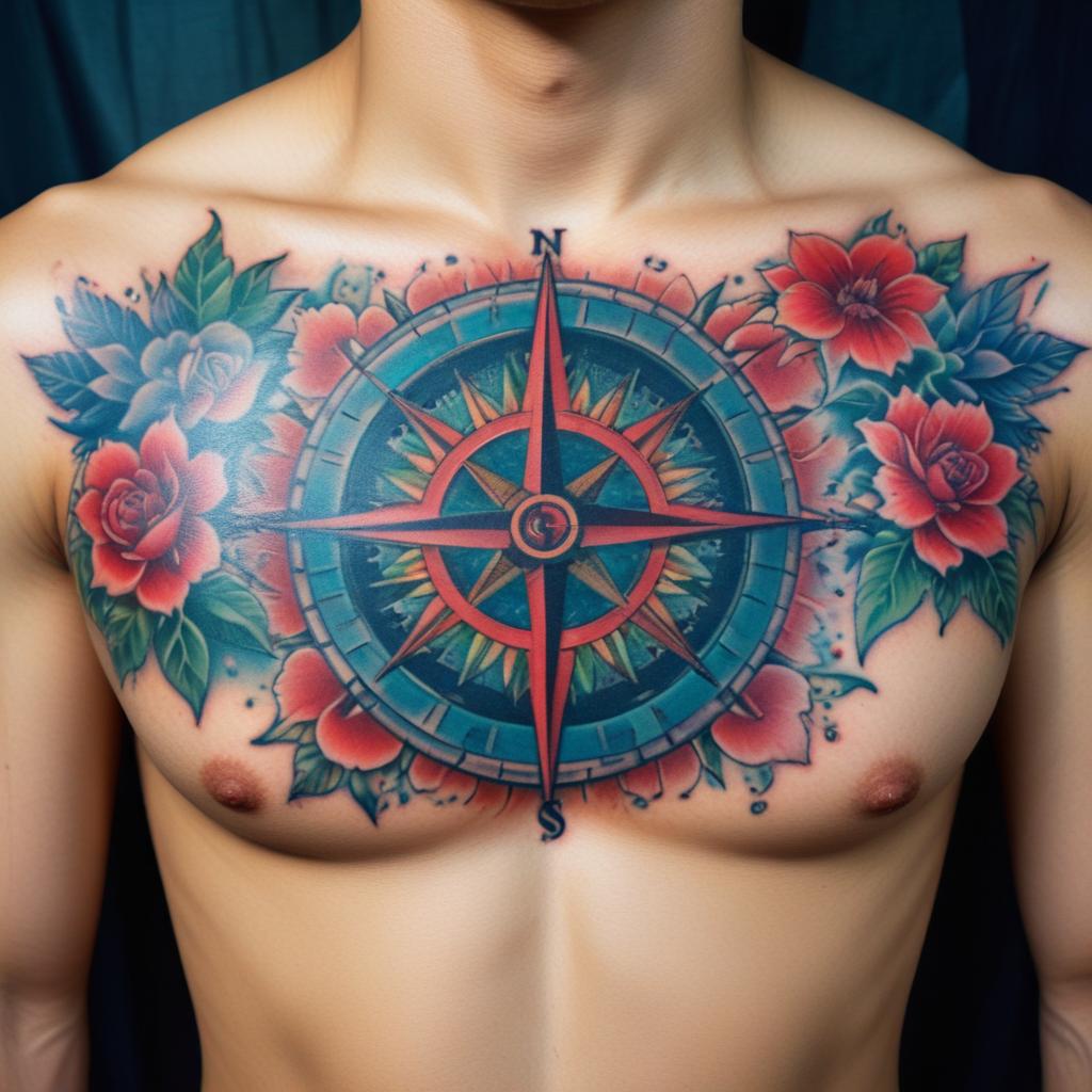 Uma tatuagem de bússola floral no peito masculino