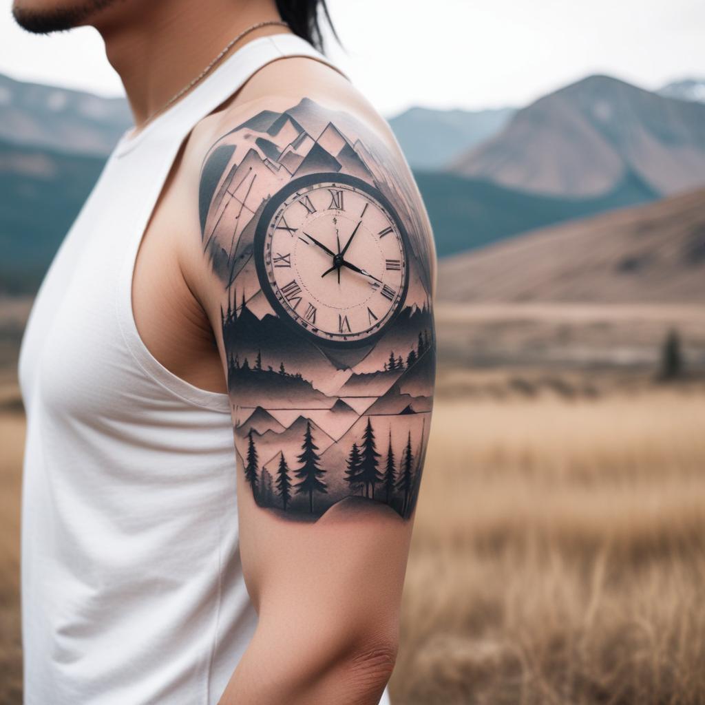 Uma tatuagem minimalista de relógio geométrico no braço masculino que representa a passagem do tempo com um design elegante e contemporâneo