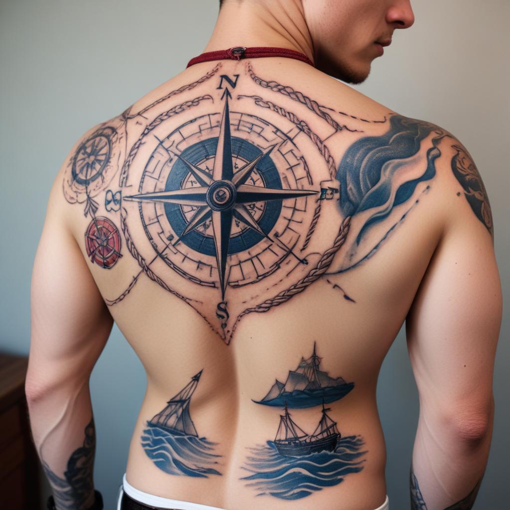 Uma tatuagem realista de bússola nas costas masculina que simboliza orientação, aventura e um senso de direção na vida