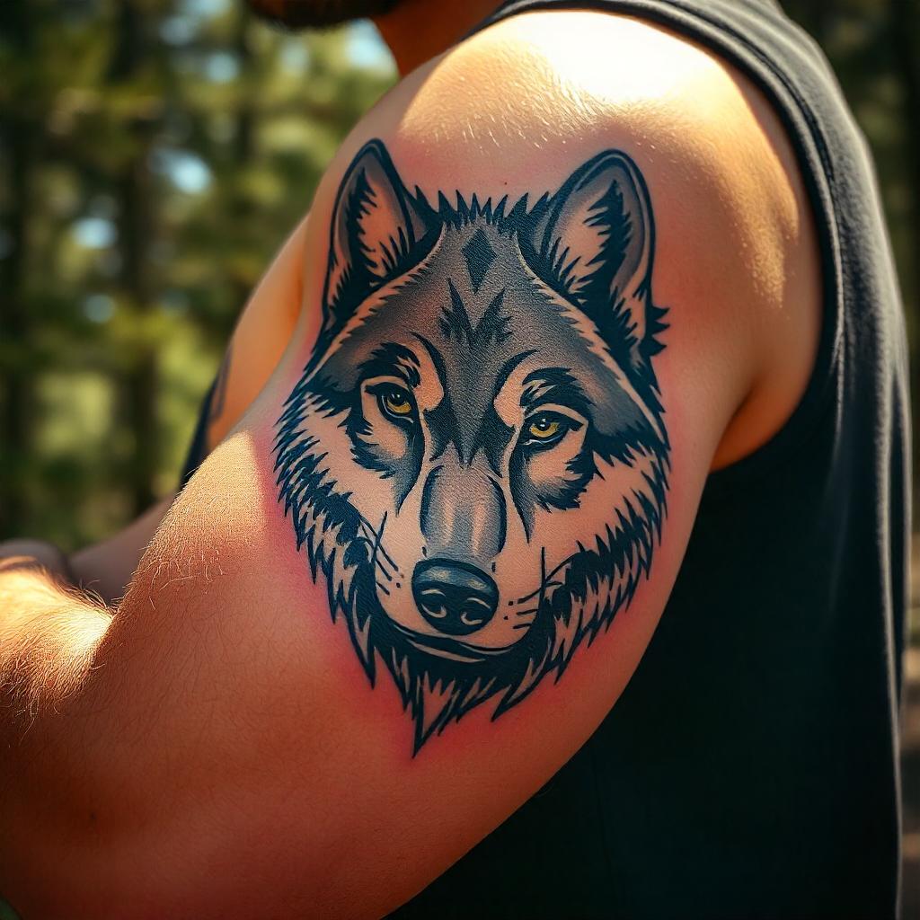 Tatuagem de lobo no braço masculino