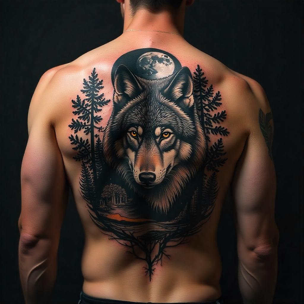 Tatuagem de lobo nas costas masculina