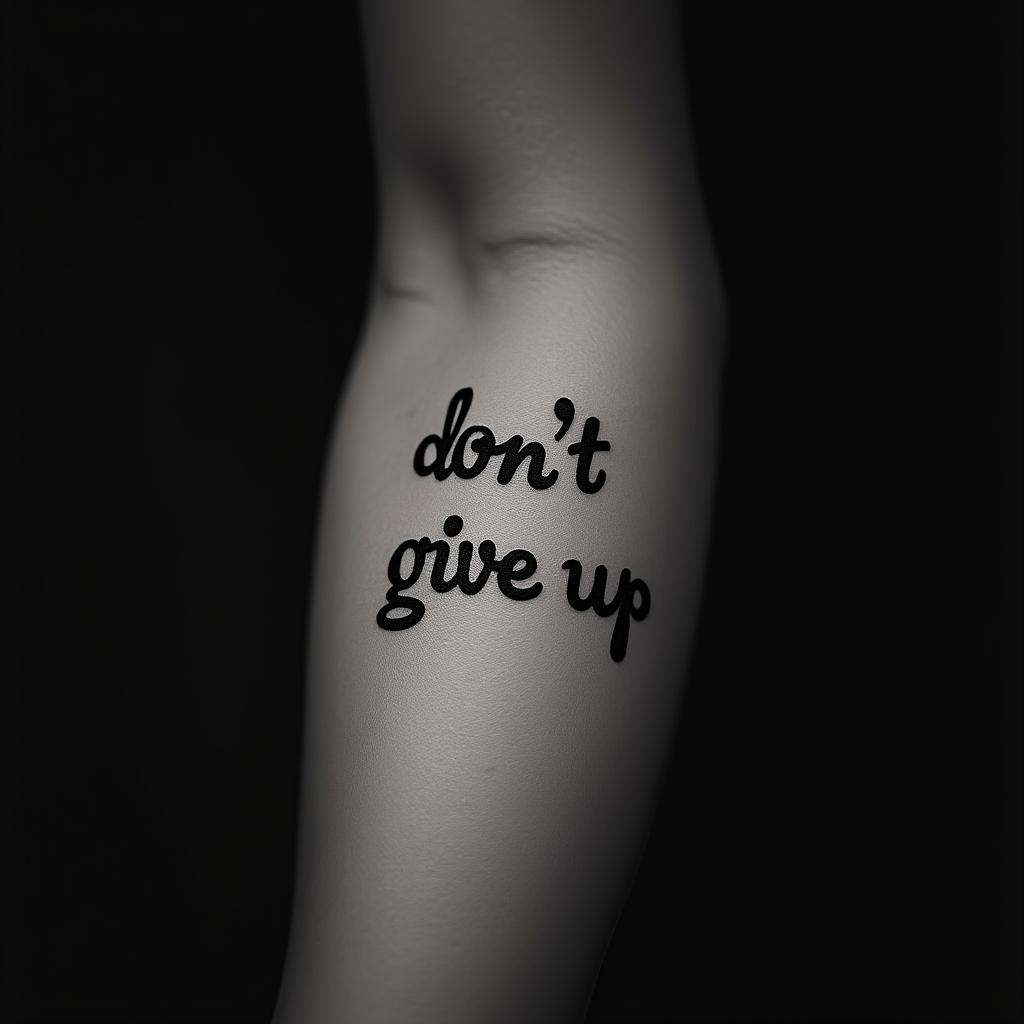 Uma tatuagem de frase "Don't Give Up" no antebraço masculino que serve como um lembrete poderoso de perseverança e resiliência