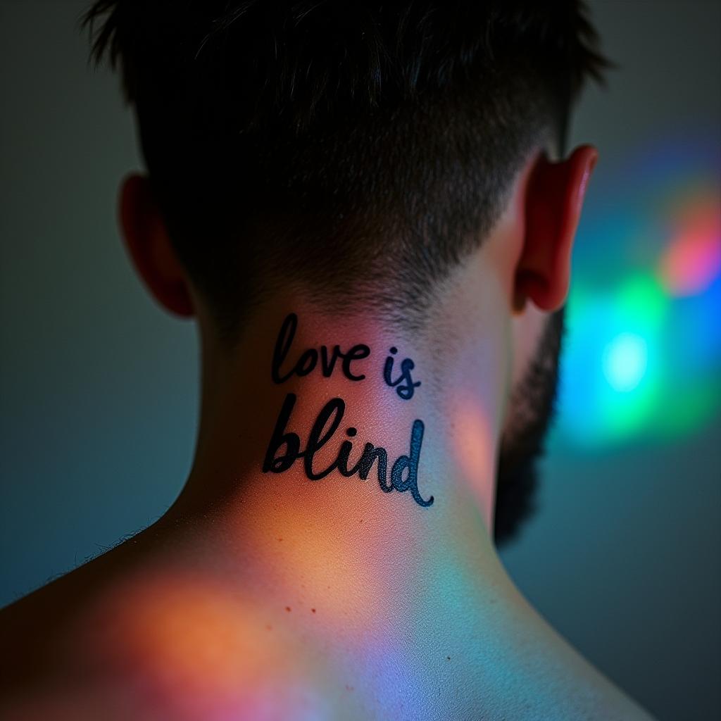 Uma tatuagem de frase no pescoço masculino que diz "love is blind," refletindo a complexidade e a imprevisibilidade do amor