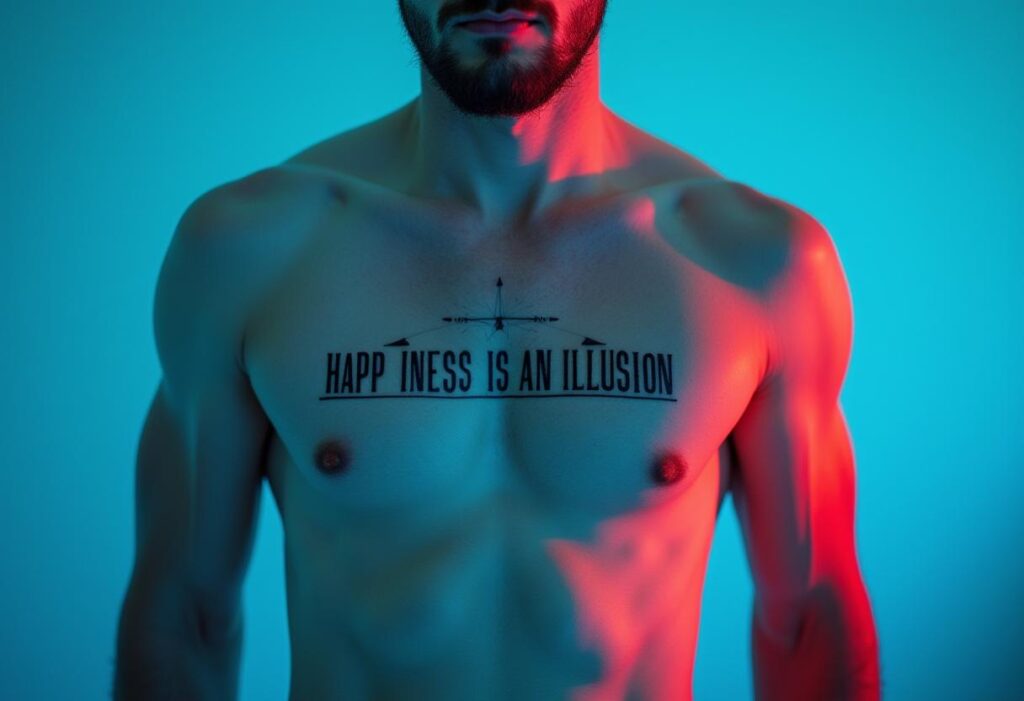 Tatuagem de Frase "Happiness is an Illusion" no Peito Masculino