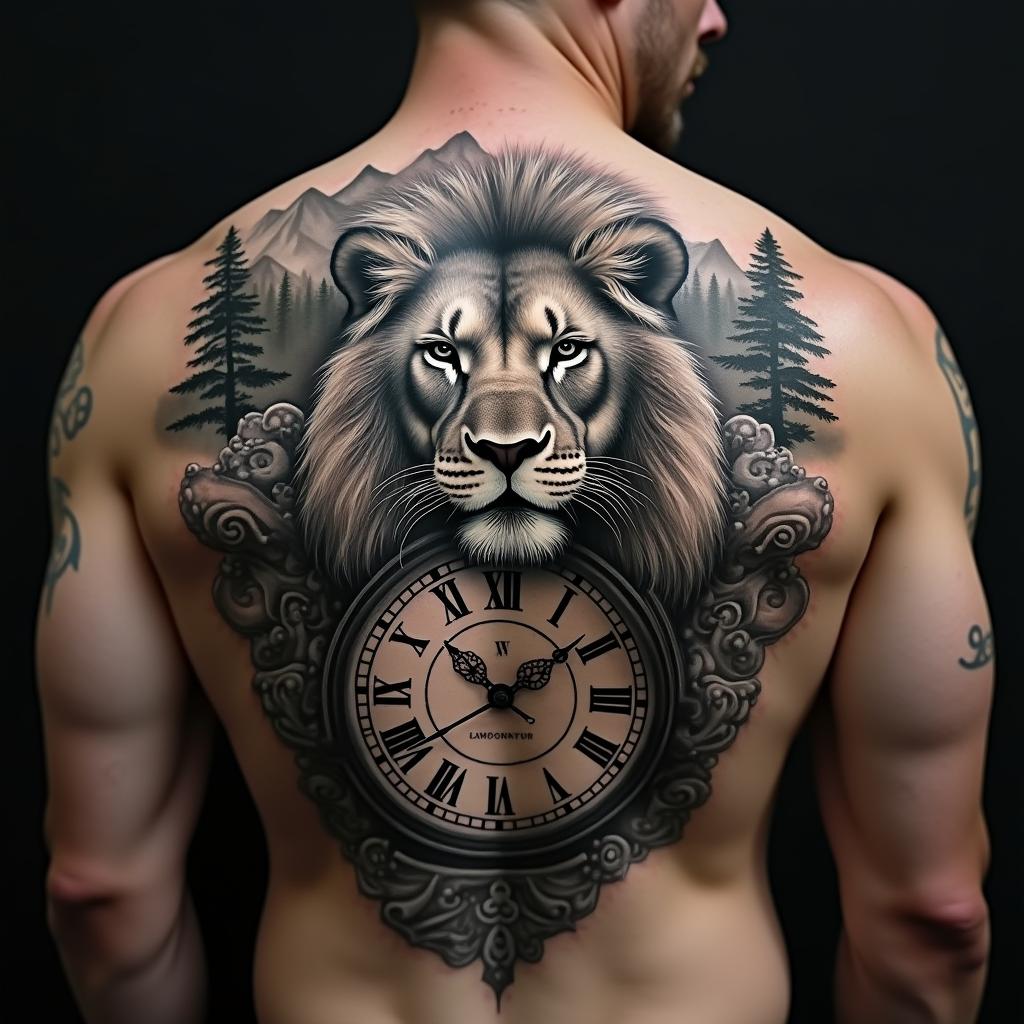 Tatuagem Nas Costas:
uma tatuagem masculina nas costas masculina com um leão feroz, um relógio vintage e elementos inspirados na natureza
