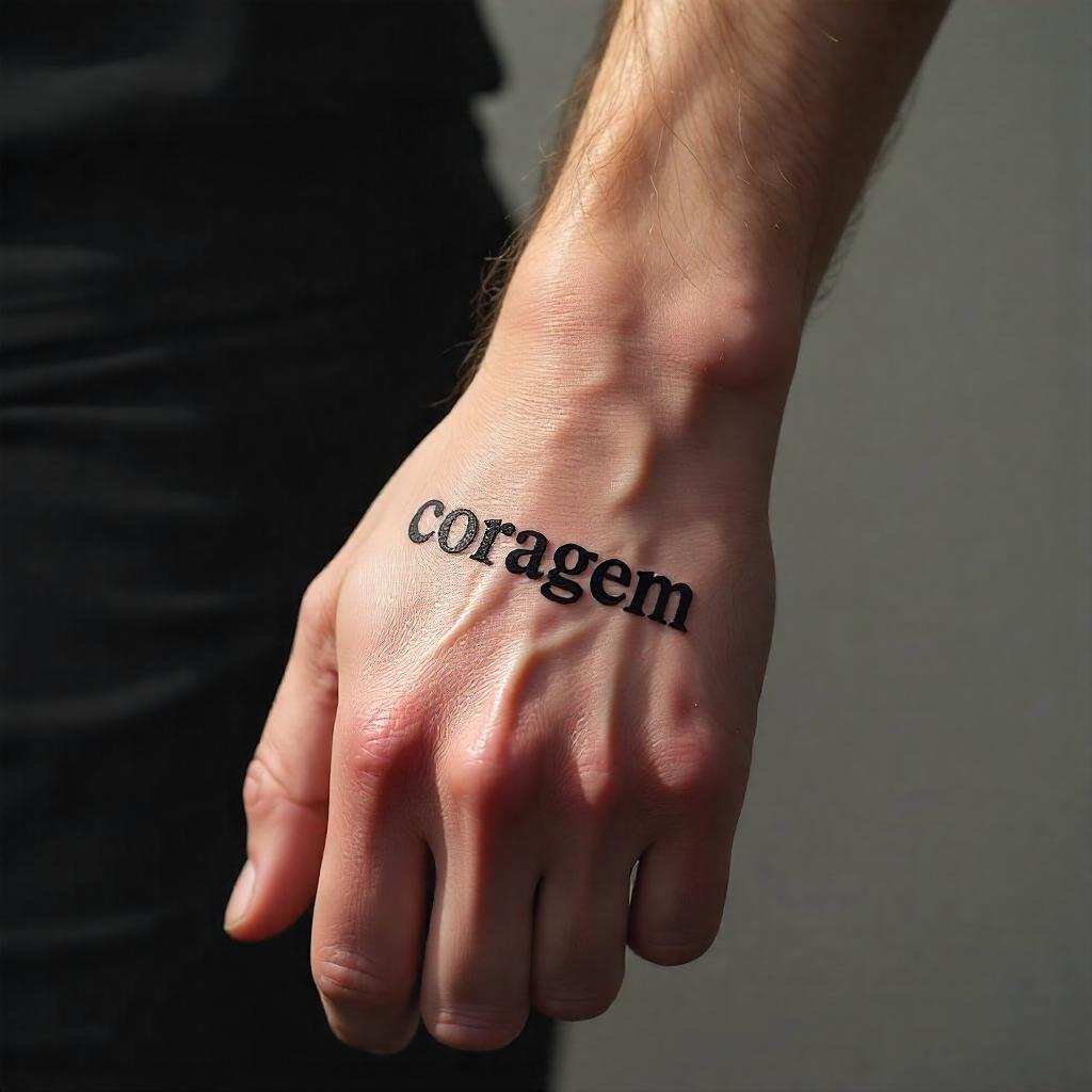 Tatuagem na mão masculina com a palavra 'coragem'
