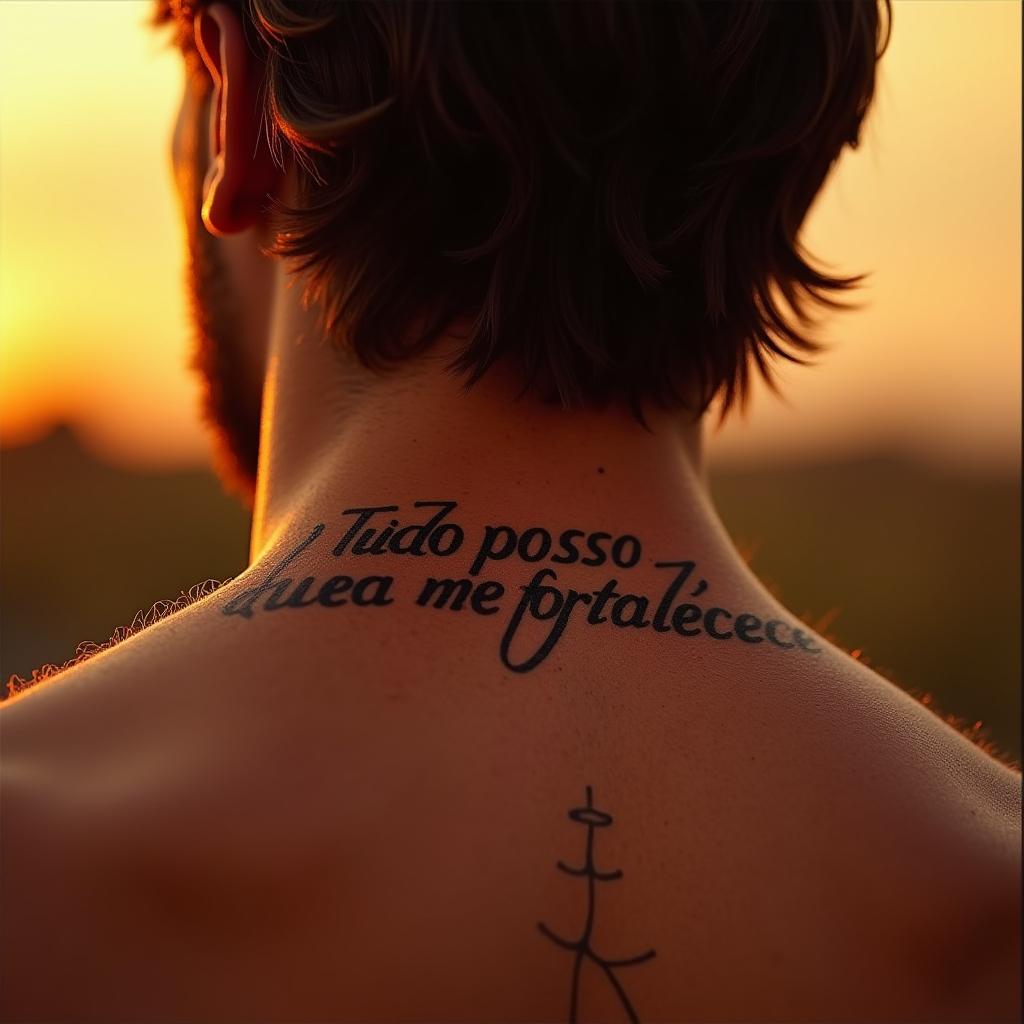 Uma tatuagem de uma frase religiosa, como "Tudo posso naquele que me fortalece", no pescoço masculino