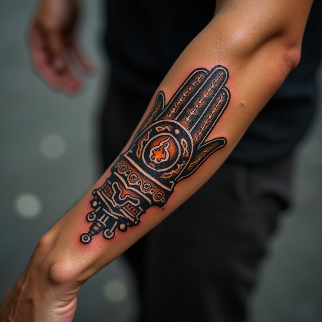 Uma tatuagem masculina da mão de Fátima (Hamsá) no braço