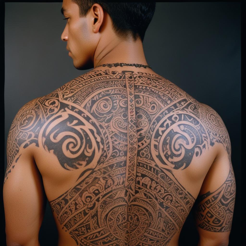 Uma tatuagem tribal Maori nas costas masculina que representa força, tradição e ancestralidade. O design detalhado incorpora padrões tradicionais Maori, como espirais, linhas e formas geométricas,