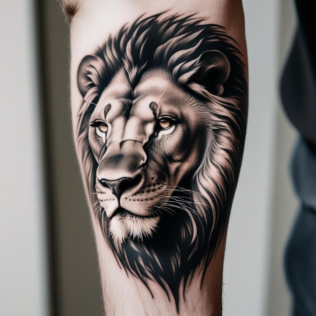 Uma tatuagem de leão no antebraço masculina que simboliza força, coragem e liderança