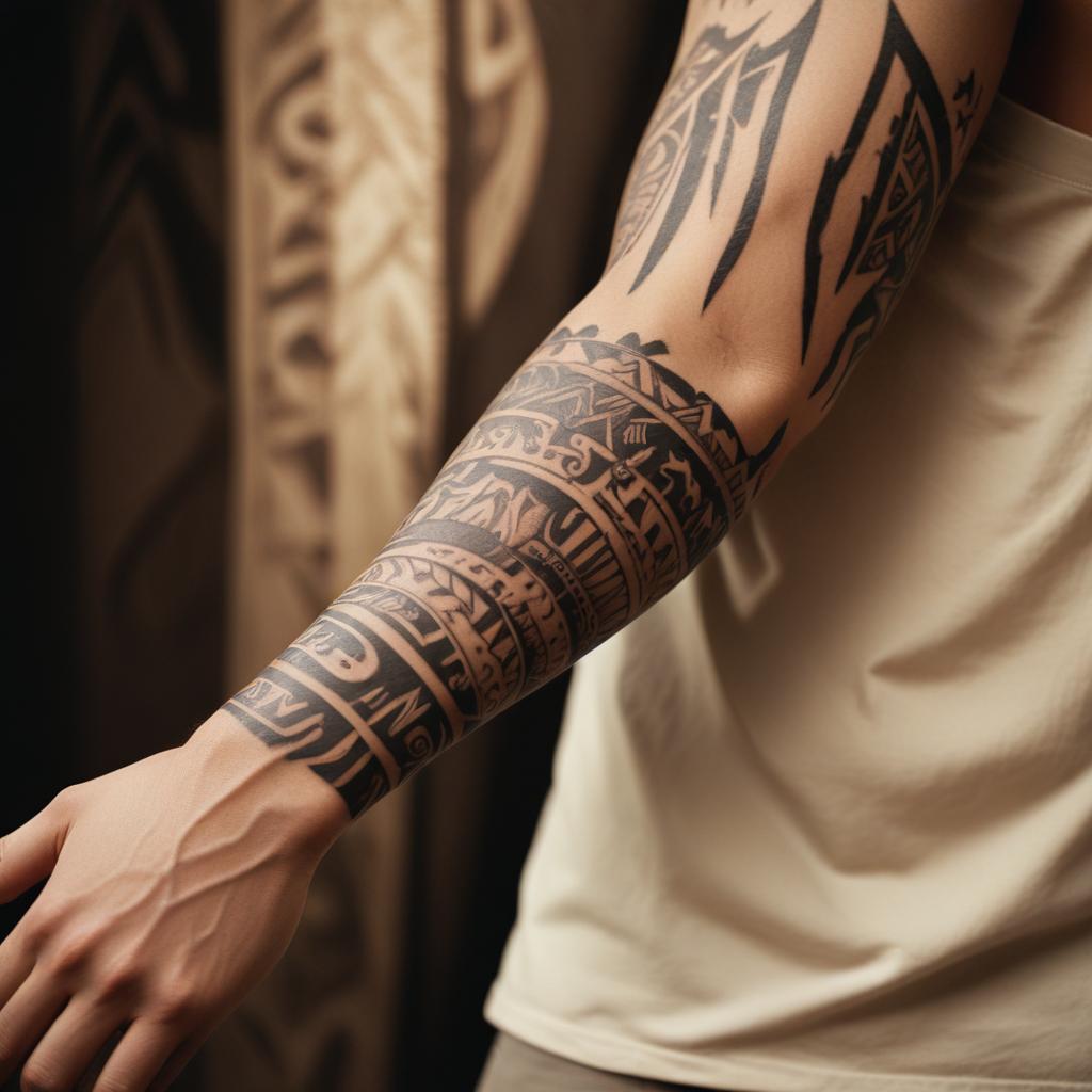 Uma tatuagem tribal americana no braço masculino que destaca formas e padrões ancestrais, simbolizando força, coragem e conexão com as raízes culturais