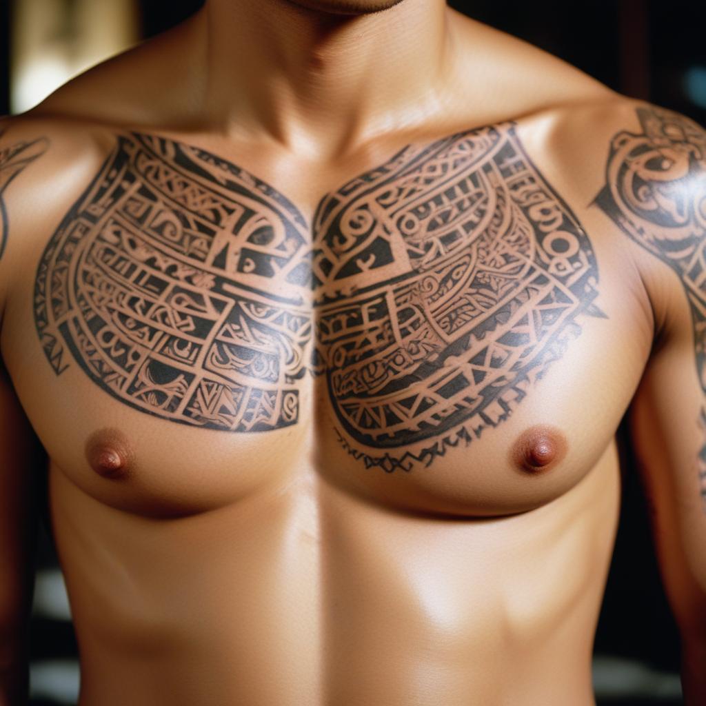 Uma tatuagem tribal polinésia no peito masculino que simboliza força, proteção e identidade cultural