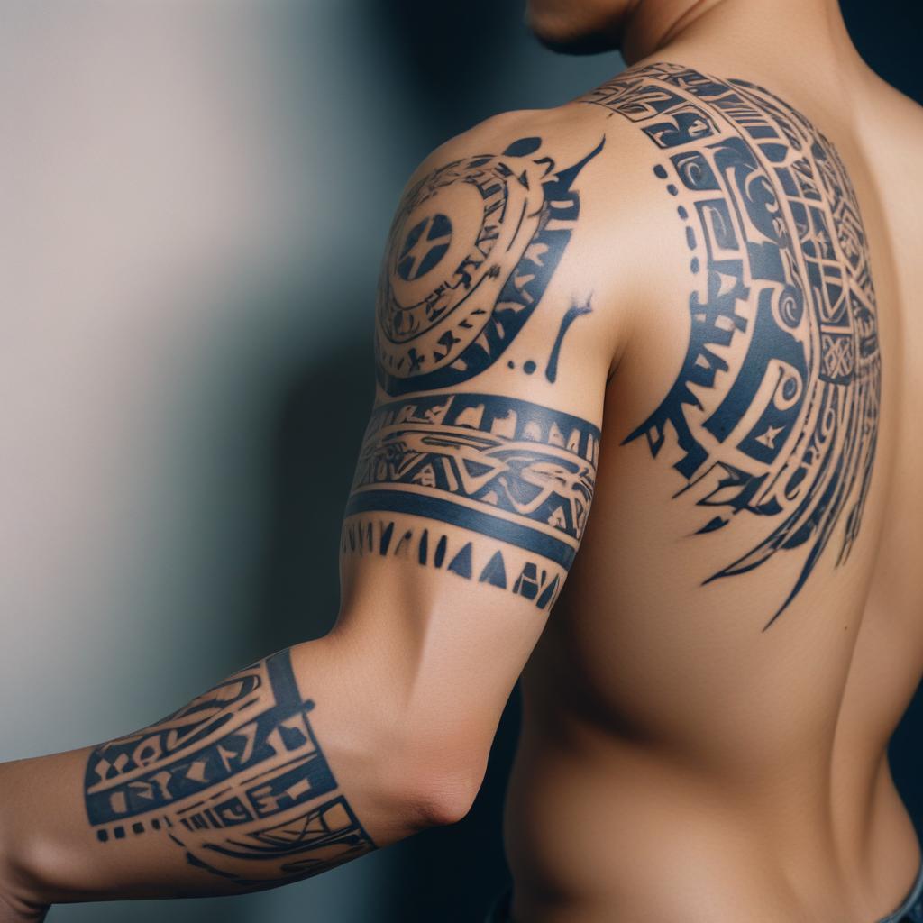 Uma tatuagem tribal americana no ombro masculino que simboliza força, proteção e conexão com as raízes ancestrais