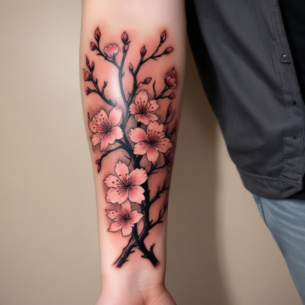 Tatuagem de Flor de Cerejeira no Antebraço Masculina

