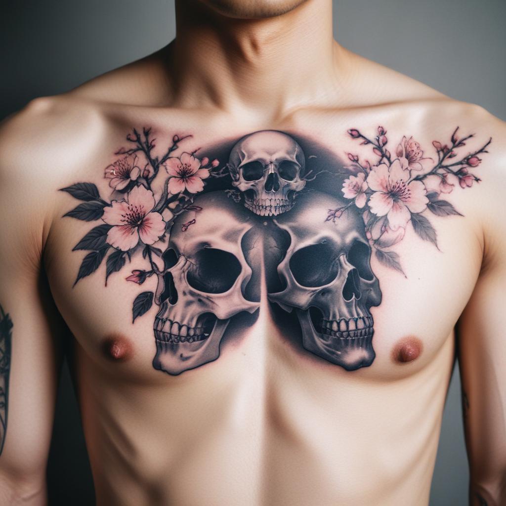 Uma tatuagem de caveira floral no peito que combina a força e a intensidade da caveira com a beleza suave das flores