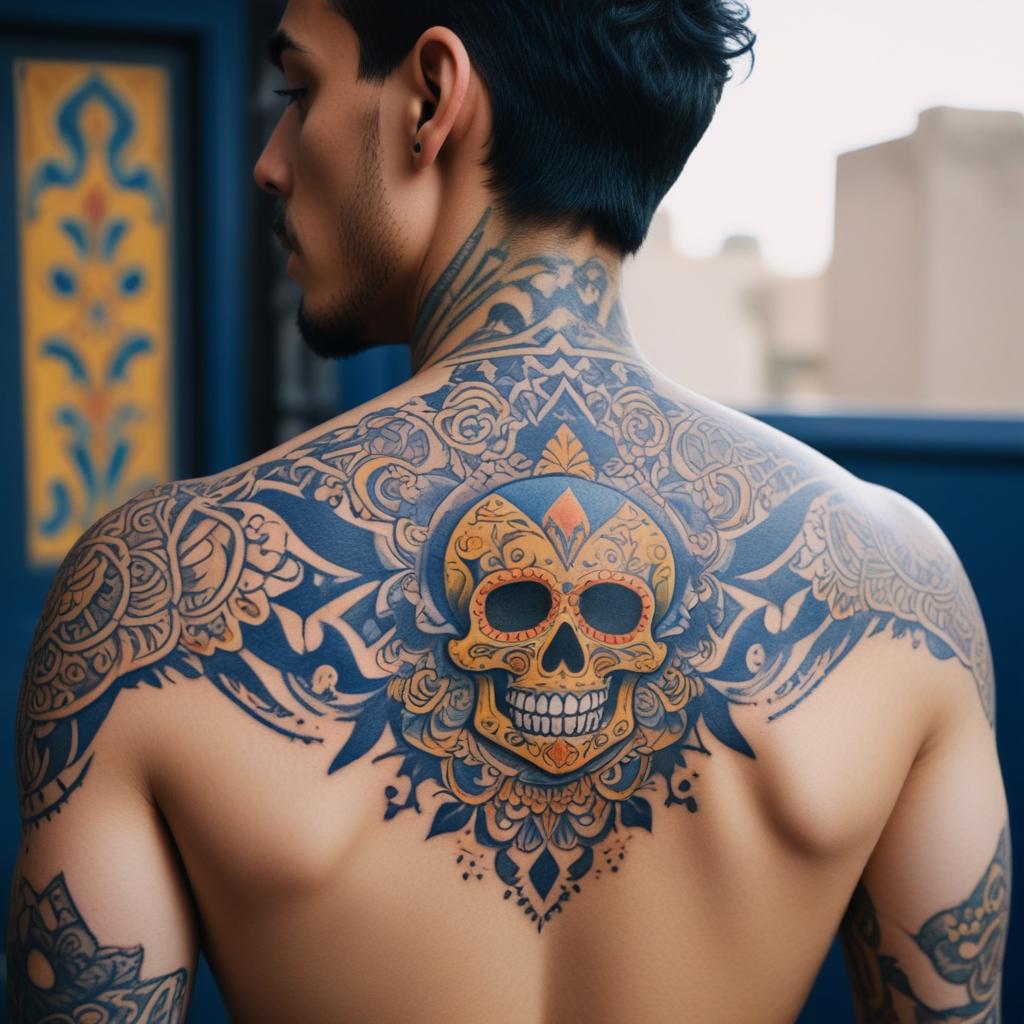 Uma tatuagem de caveira mexicana nas costas masculina que celebra a rica cultura e tradições do Dia dos Mortos