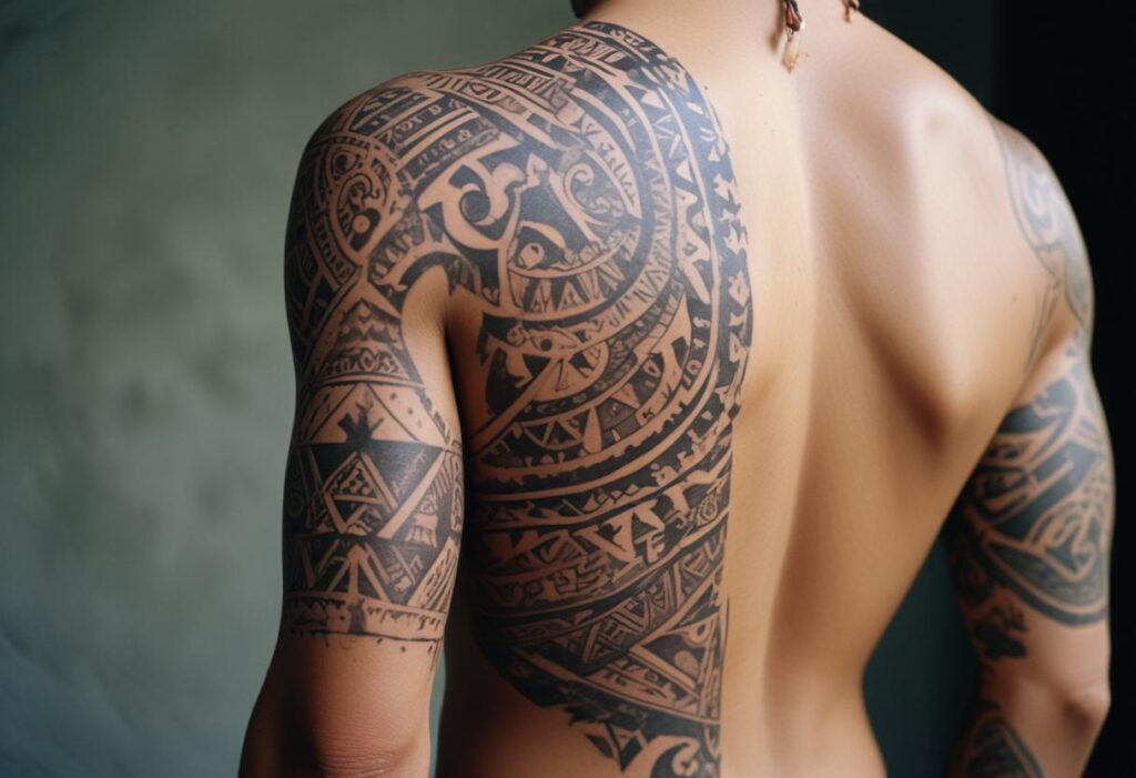 Uma tatuagem tribal polinésia nas costas masculina que simboliza força, coragem e tradição