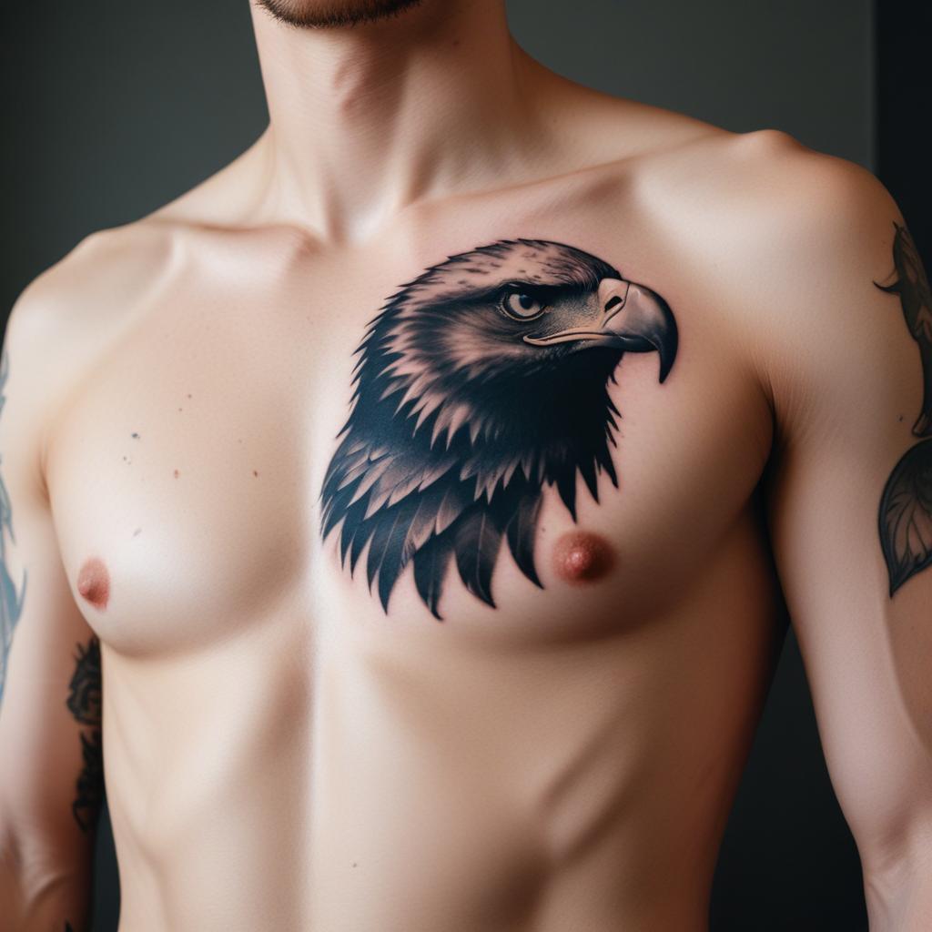 Uma tatuagem de águia no peito masculino que simboliza poder, liberdade e coragem