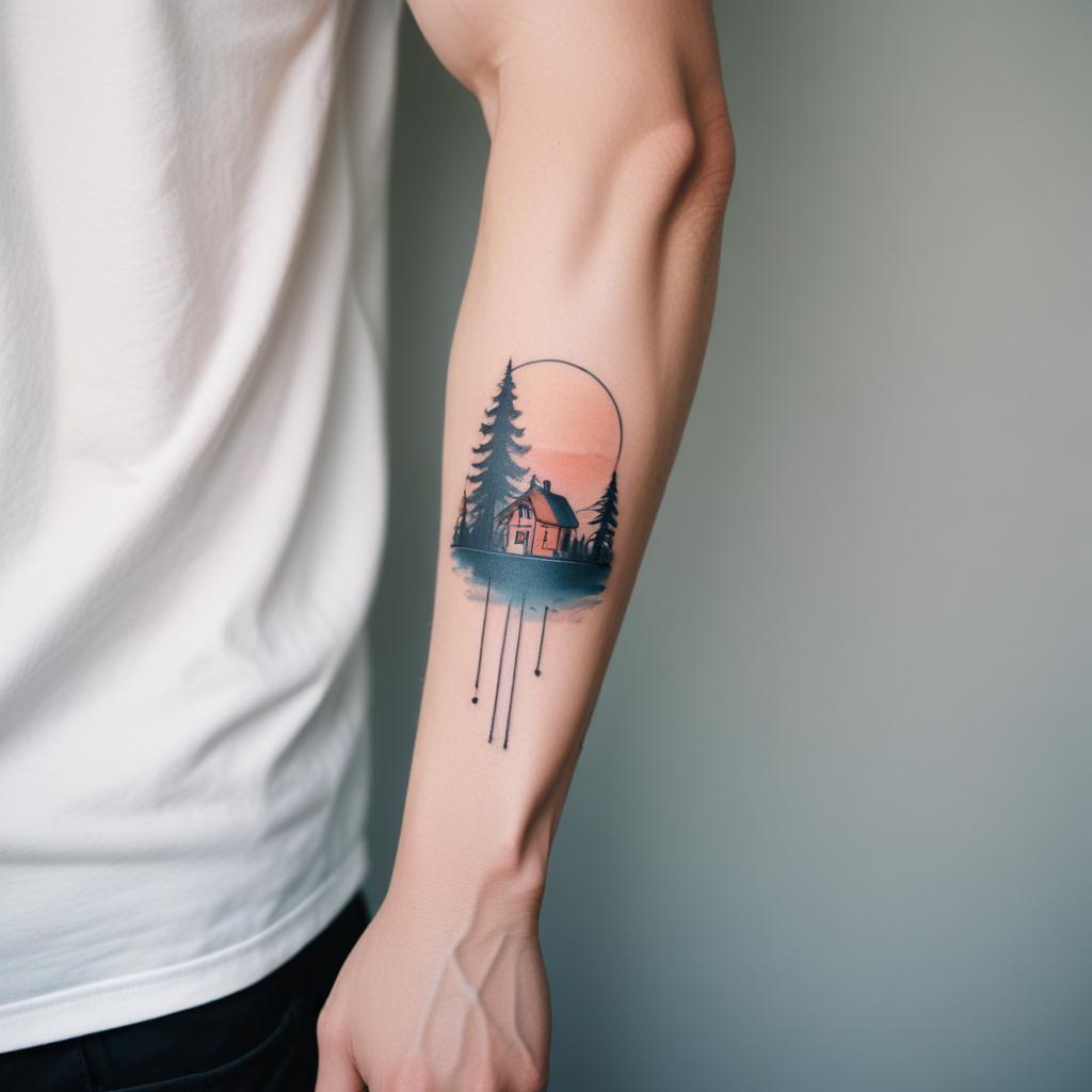 Uma tatuagem de linha fina no antebraço masculino que exibe um design elegante e minimalista
