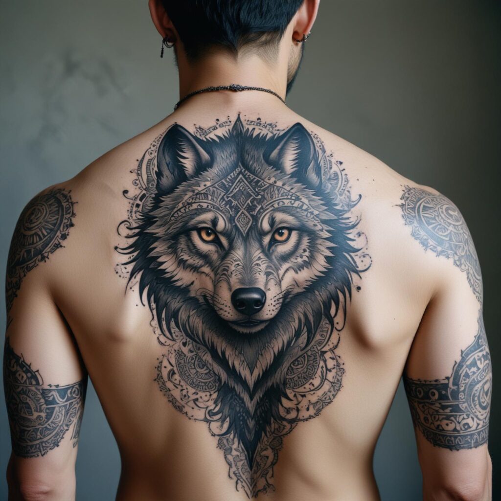 Uma tatuagem de lobo em estilo mandala nas costas que simboliza força, proteção e a conexão espiritual com a natureza