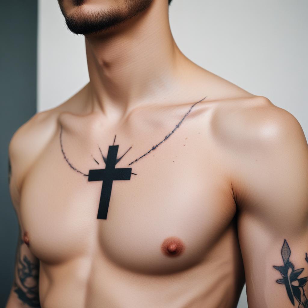 Tatuagem Minimalista de cruz no Peito Masculino