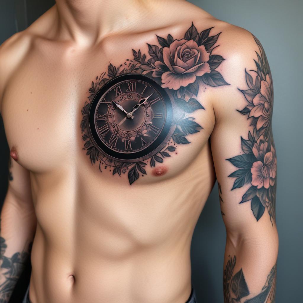 tatuagem de relogio e rosas no peito masculino
