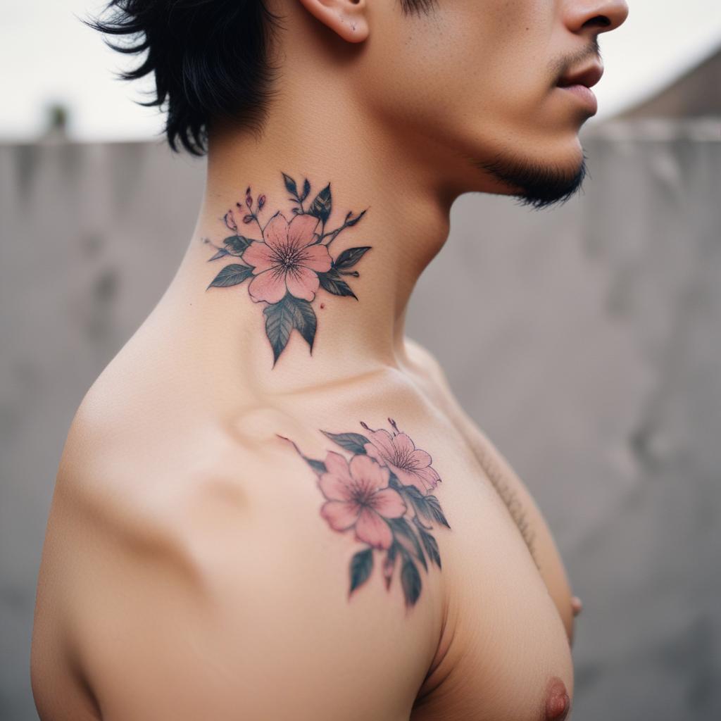 Tatuagem Floral Minimalista no Pescoço e Ombro Masculino

