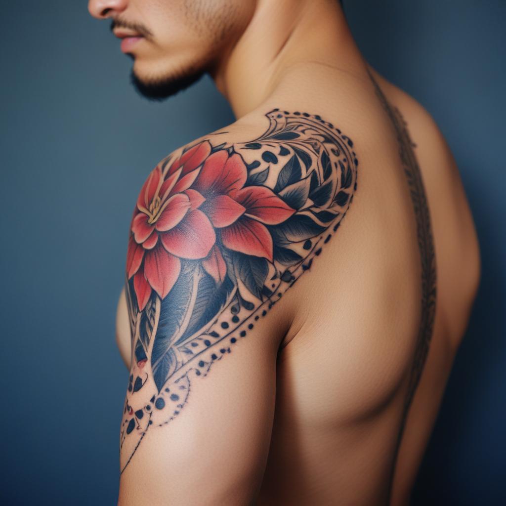 Uma tatuagem floral masculino que começa no ombro e flui graciosamente até o braço, criando um visual harmonioso e dinâmico