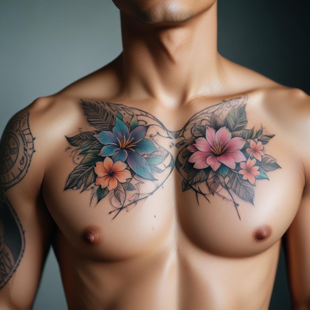 Uma tatuagem floral no peito masculino que combina a força com a delicadeza da natureza. O design apresenta flores de diferentes cores, criando um contraste vibrante e harmonioso sobre a pele