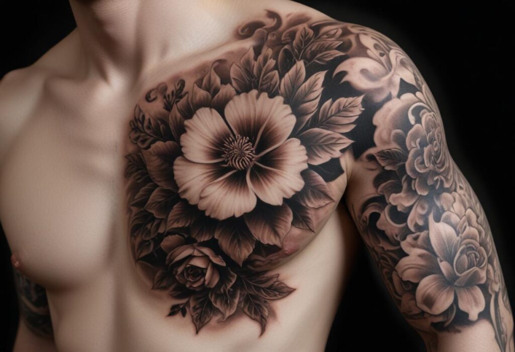 Tatuagem Floral no Peito e Braço Masculina