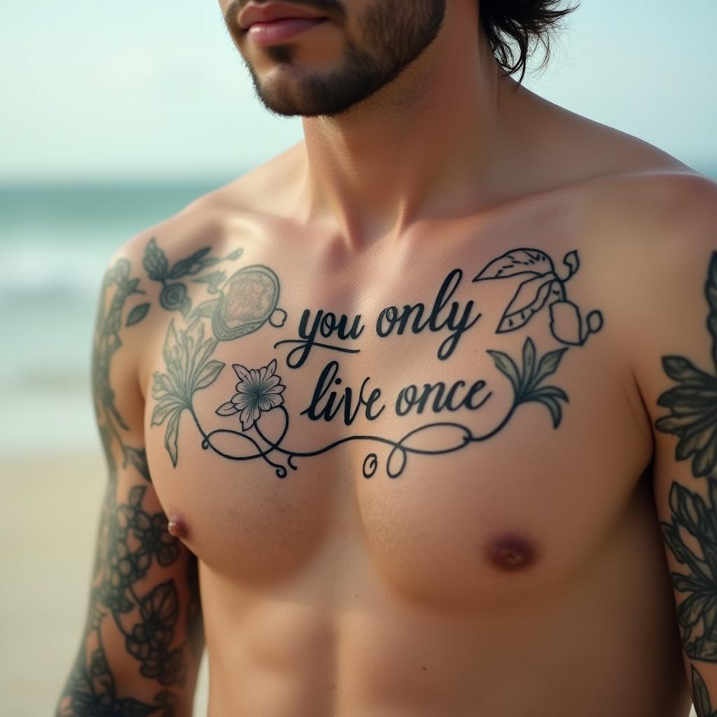 tatuagem com frase "você só vive uma vez" no peito masculino
