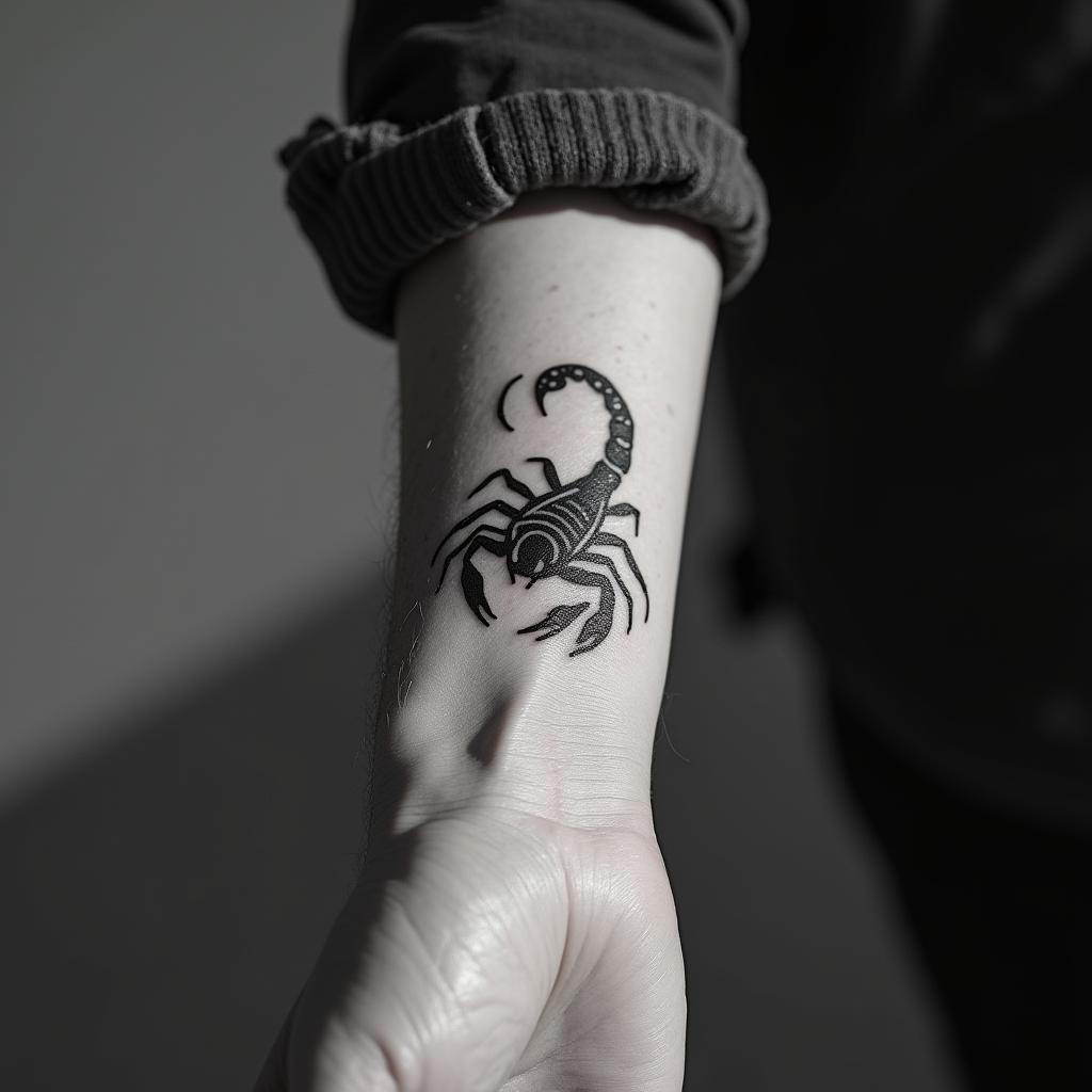 Tatuagem Minimalista do Signo de Escorpião no Pulso Masculino

