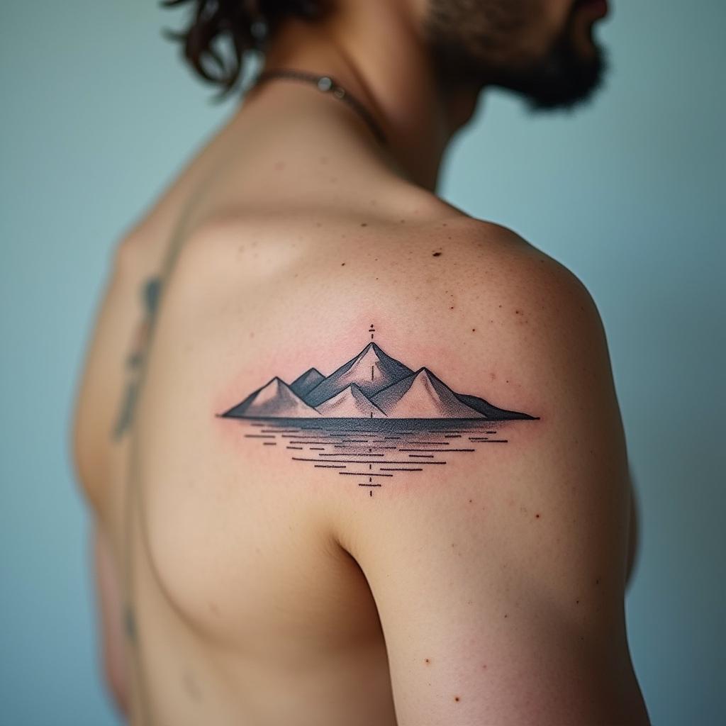 Tatuagem Minimalista de Montanhas no Ombro Masculino

