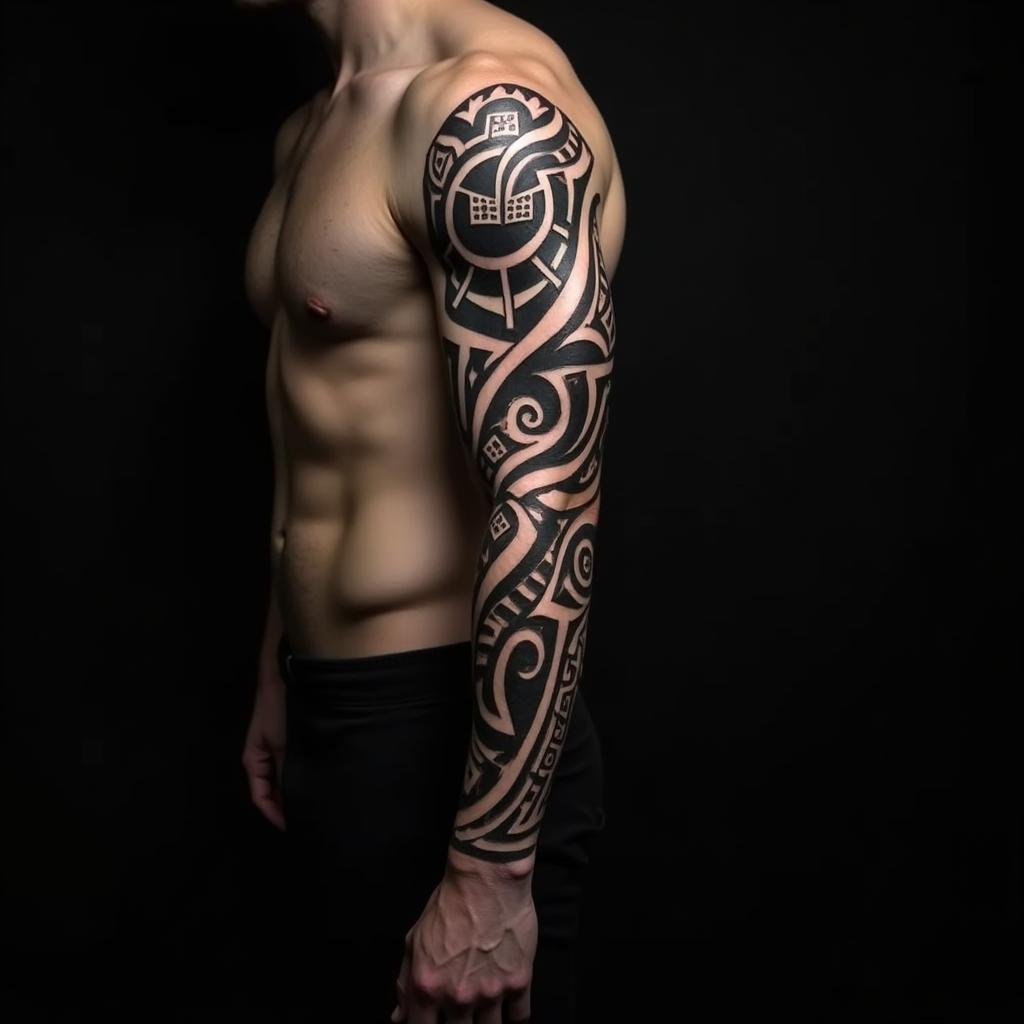 Tatuagem Masculina Tribal de Manga Completa no Braço